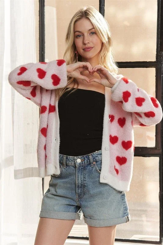 Fuzzy Heart Button Down Cardigan Modern Women's 