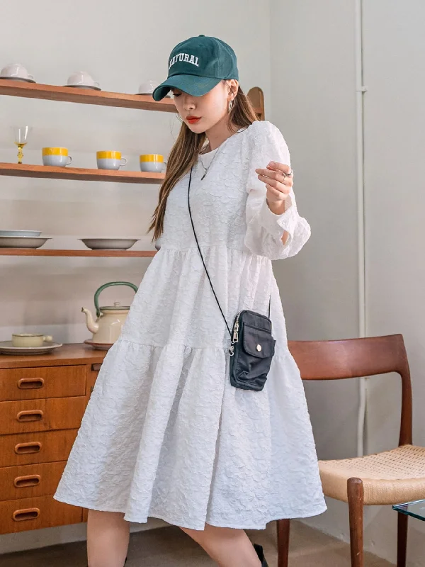 Plain Ruffle Hem Long Sleeve Round Neck Flounce High Waist Midi Dress Sophisticated Women's 