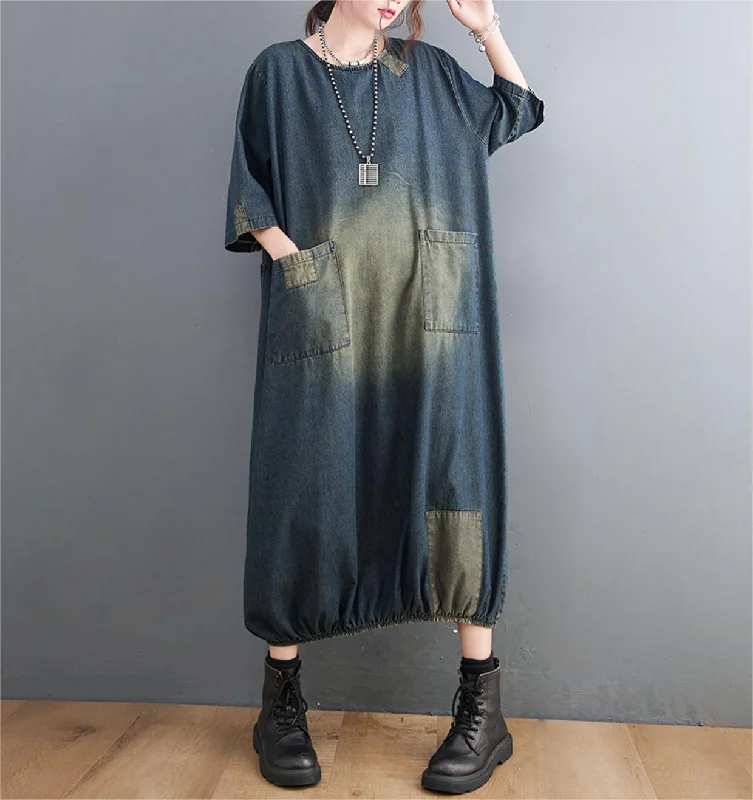 Loose Large Pocket Patchwork Denim Midi Dresses purpose