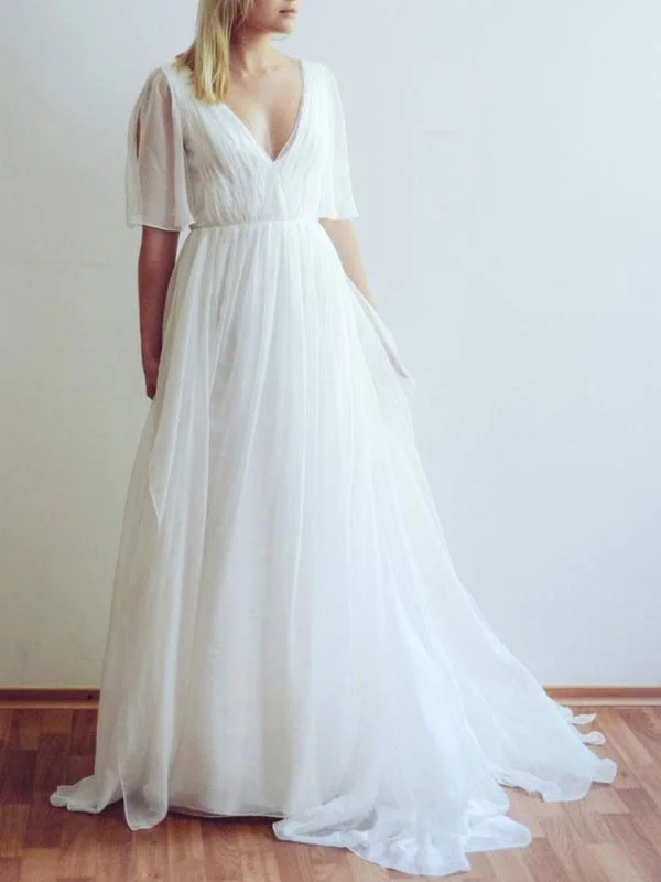 Simple Wedding Dress A Line Chiffon V Neck Half Sleeves Pleated Floor Length With Train Bridal Dresses Contemporary 