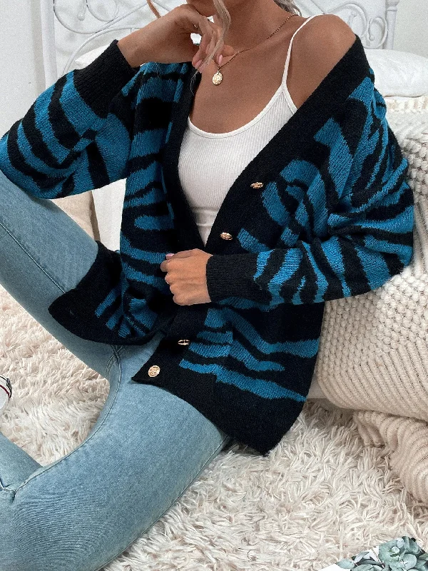 Casual Zebra Stripe Button Front Long Sleeve V Neck Short Women Cardigan Earthy Women's Hemp - based Casual Zebra Stripe Button Front Long Sleeve V Neck Short Women Cardigan Earthy Women's Hemp - based