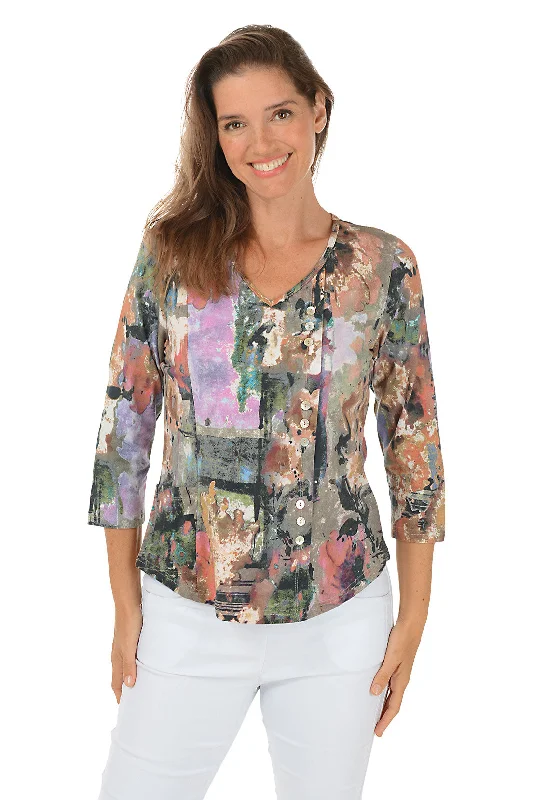 Bobbi V-Neck Offset Button Top Polished Women's Silk