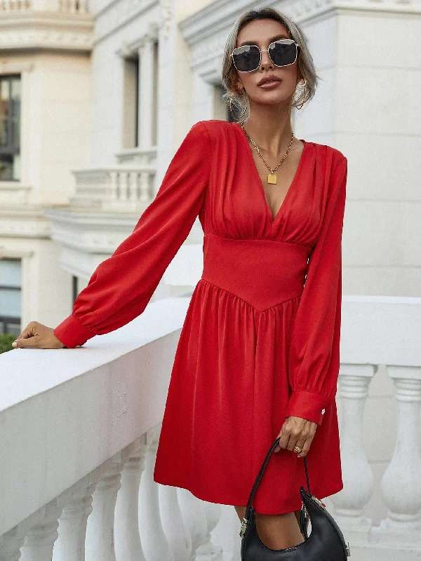 Plain Long Sleeve Deep V Neck Flared High Waist Short Dress Refined Women's Velvet