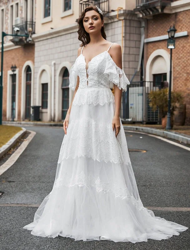 Boho Wedding Dress Lace A-Line V-Neck Natural Waistline Beaded Wedding Gown Confident Women's High - fashion