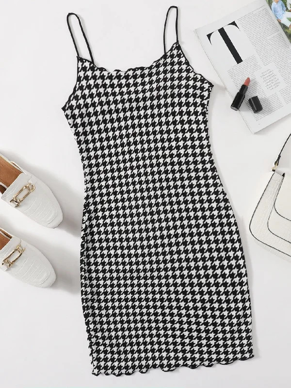Houndstooth Lettuce Trim Sleeveless Spaghetti Strap Pencil Natural Mini Dress Dynamic Women's High - energy