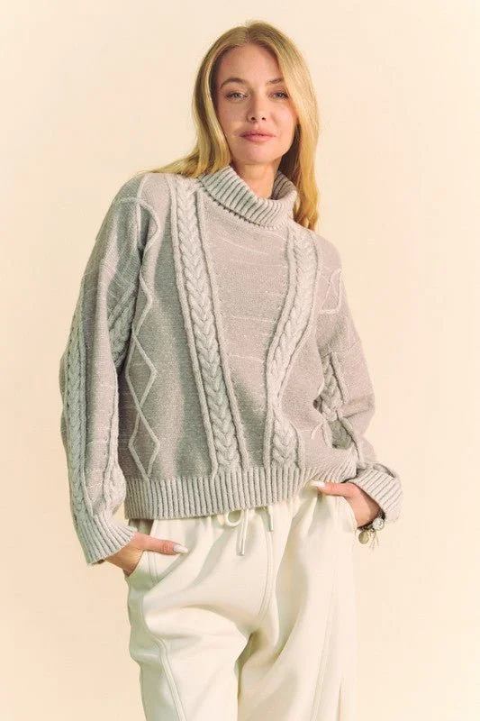 Gray Cable-Knit Turtleneck Sweater Relaxed Women's Beachy