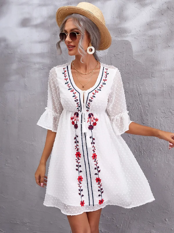 Floral Fringe Half Sleeve Scoop Neck Flared High Waist Short Dress Youthful Women's Anime - inspired