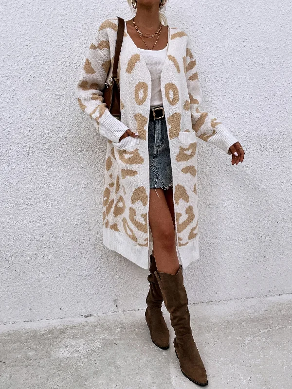 Casual Leopard Pocket Long Sleeve Midi Women Cardigan British Gentlewoman Style