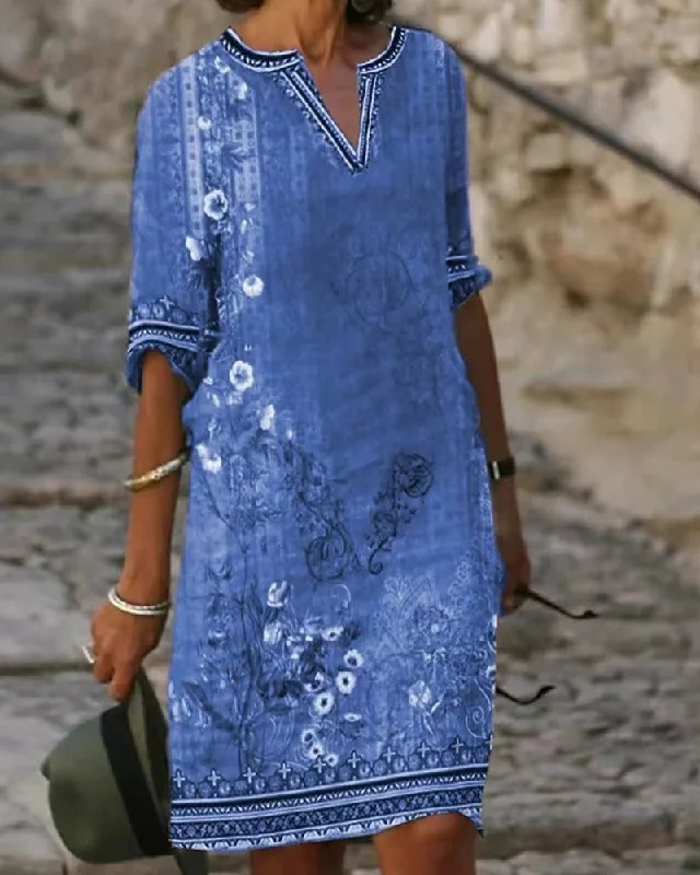Ethnic Retro Style V-neck T-shirt Dress (4 colors) Vacation