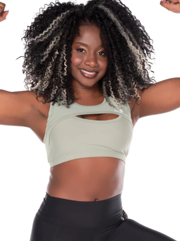 Front Cut Sport Bra- Gray Sleek Women's Metallic