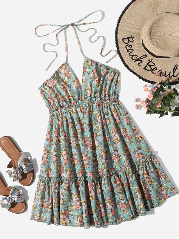 All Over Print Tie Back Sleeveless Halter Layered/Tiered High Waist Mini Dress Polished Women's Silk