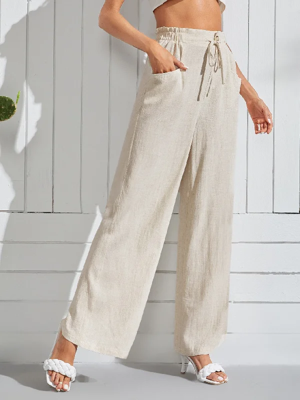 Casual Plain Pocket High Waist Long Women Pants Geometric