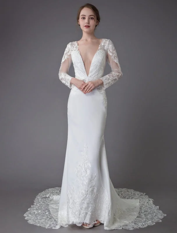 Beach Wedding Dresses Ivory Lace V Neck Long Sleeve Mermaid Bridal Gown With Train Exclusive Athletic Women's High - 