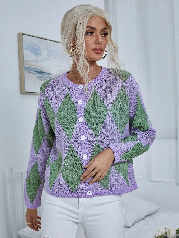 Casual Geometric Button Front Long Sleeve Round Neck Regular Women Cardigan Dynamic Women's Moto