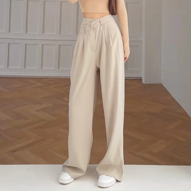 High Waist Business Pleated Suit Pants Wholesale Irregular Waist Loose Wide Leg Trousers Womens Women