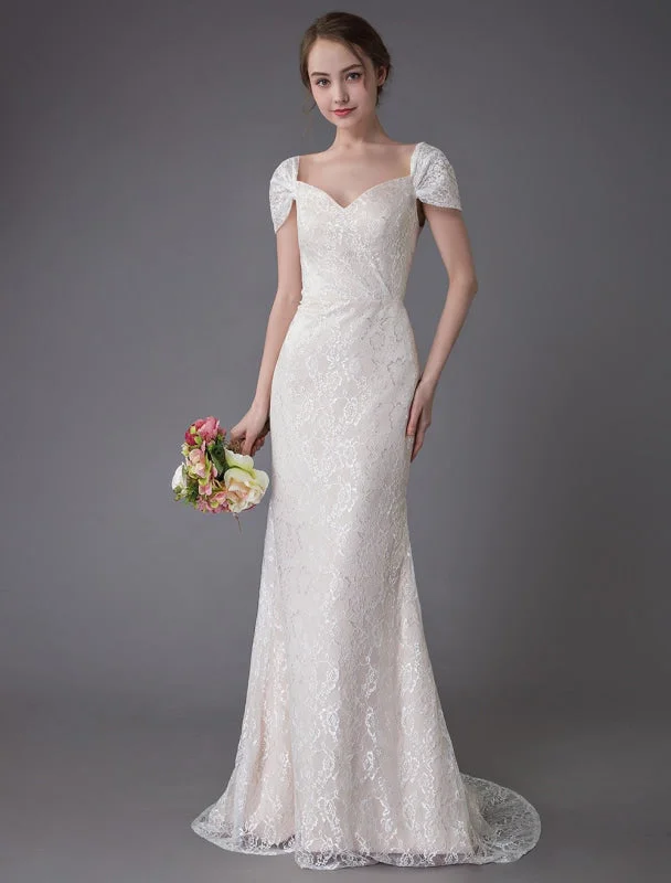 Lace Wedding Dress Vanilla Cream Sweetheart Short Sleeve Bridal Dress Mermaid Bridal Gown With Train Exclusive French