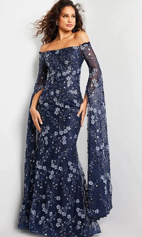 Jovani 26330 - Floral Embroidered Cape Long Gown Sleek Women's Metallic