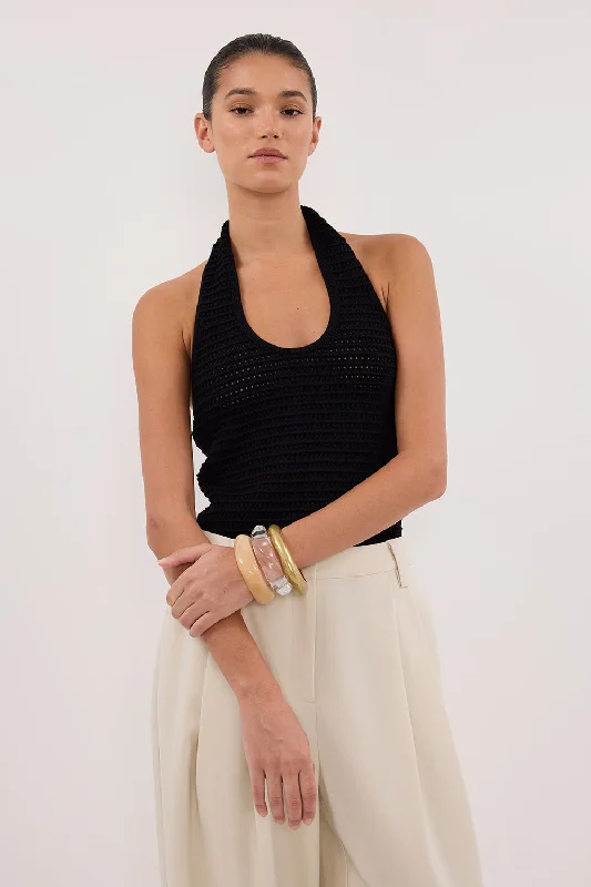 GINA BLACK HALTER CROCHET TOP Sleek Women's Metallic