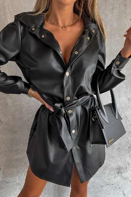 Timeless Button Down Trendy Faux Leather Shacket Dress Edgy Women's Punk