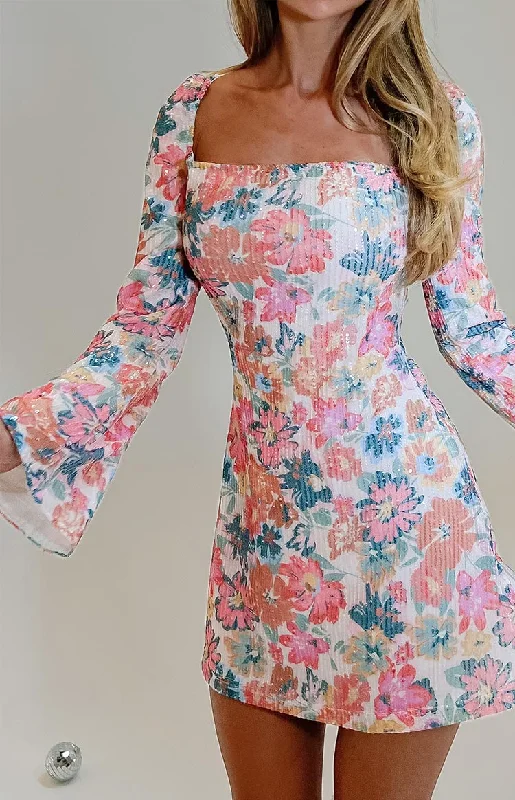 Marienne Pink Sequin Floral Print Mini Dress Bold Women's Statement