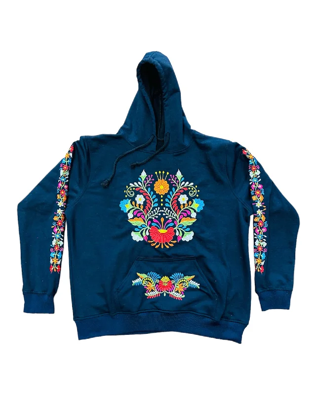 Mexican Floral Embroidered Hoodie Navy Hip Women's Retro