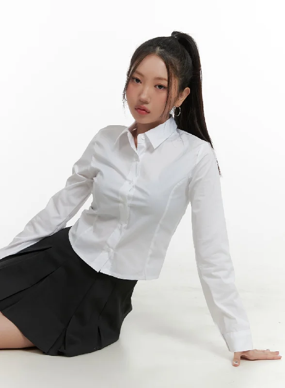 Basic Cropped Cotton Buttoned Shirt OA416 Dapper Women's Bow - adorned