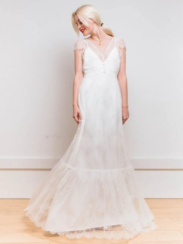 White Simple Wedding Dress Satin Fabric V-Neck Short Sleeves Backless A-Line Long Bridal Gowns Cool Women's Distressed