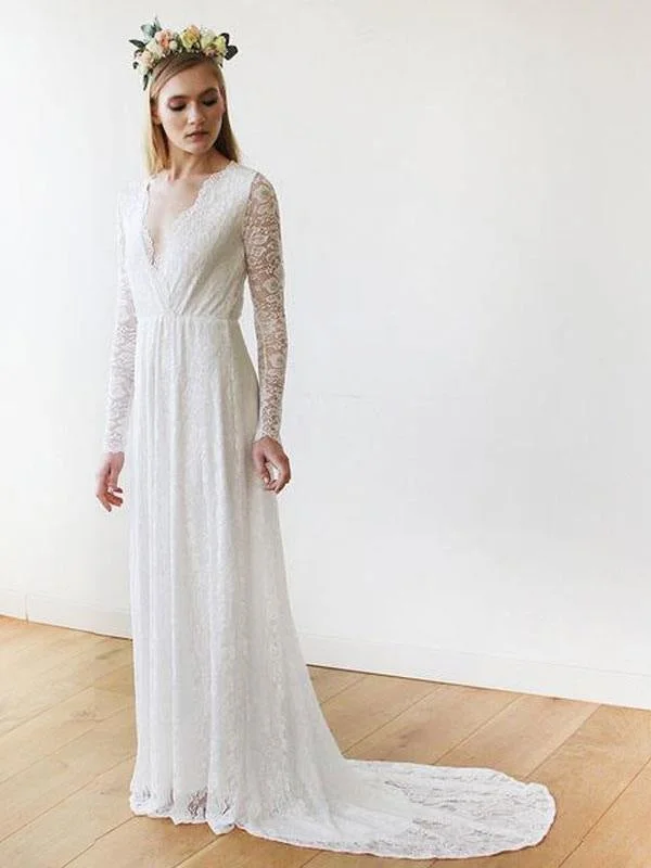 Lace Wedding Dress With Train A-Line Long Sleeves V-Neck Ivory Bridal Gowns Refined Women's 