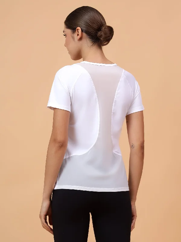 Fitkin Women White Solid Back Mesh Panel Tshirt Edgy Women's Punk
