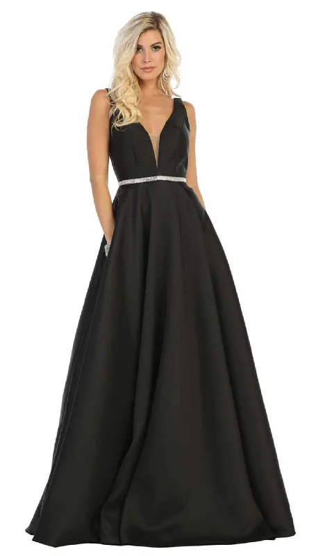 May Queen - MQ1683 Illusion Plunging Neck Sleeveless Satin A-Line Gown Scandinavian