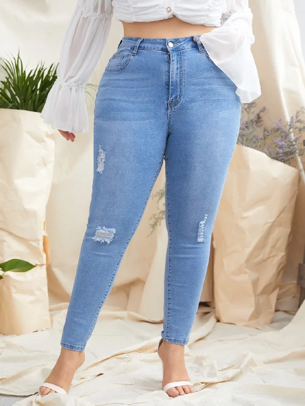 Plain Ripped High Waist Long Plus Size Jeans garde