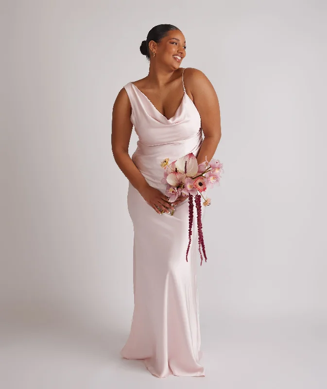 Cowl Front Asymmetrical Satin Bridesmaid Dress - Pale Pink Disco