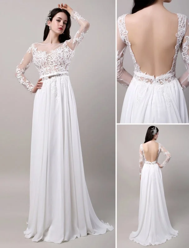 Boho Beach Sheer Lace Chiffon Tulle Long Sleeves Deep V Back Backless Bridal Gown Cozy Women's Winter