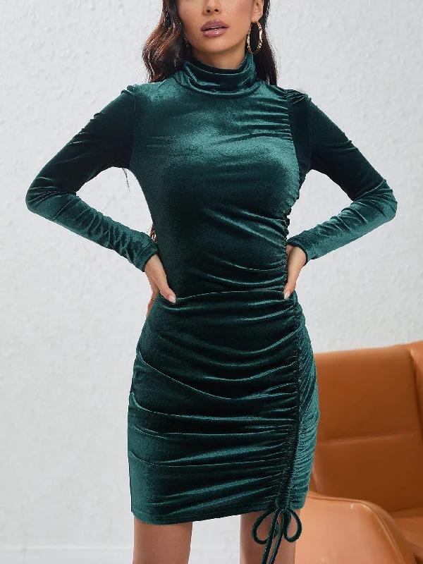 Velvet Turtleneck Long Sleeve Ruched Drawstring Bodycon Mini Dress (Blackish Green/Black) Cool Women's Distressed