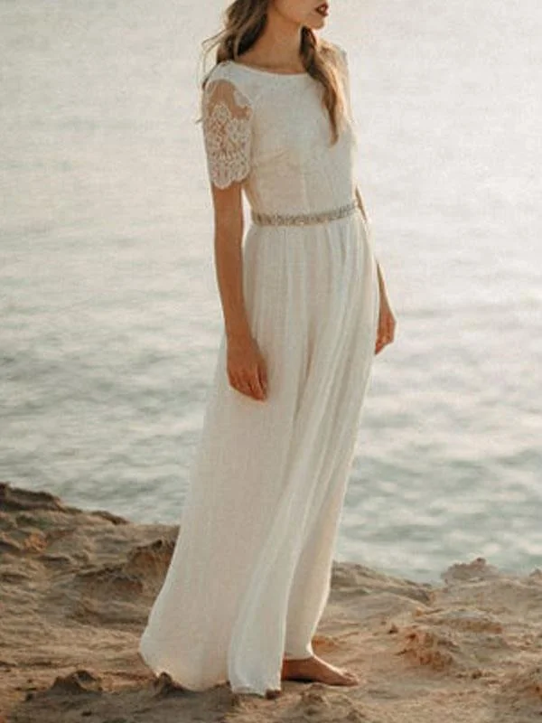Simple Wedding Dress A Line Jewel Neck Lace Short Sleeve Floor Length Chiffon Beach Wedding Bridal Gowns Street