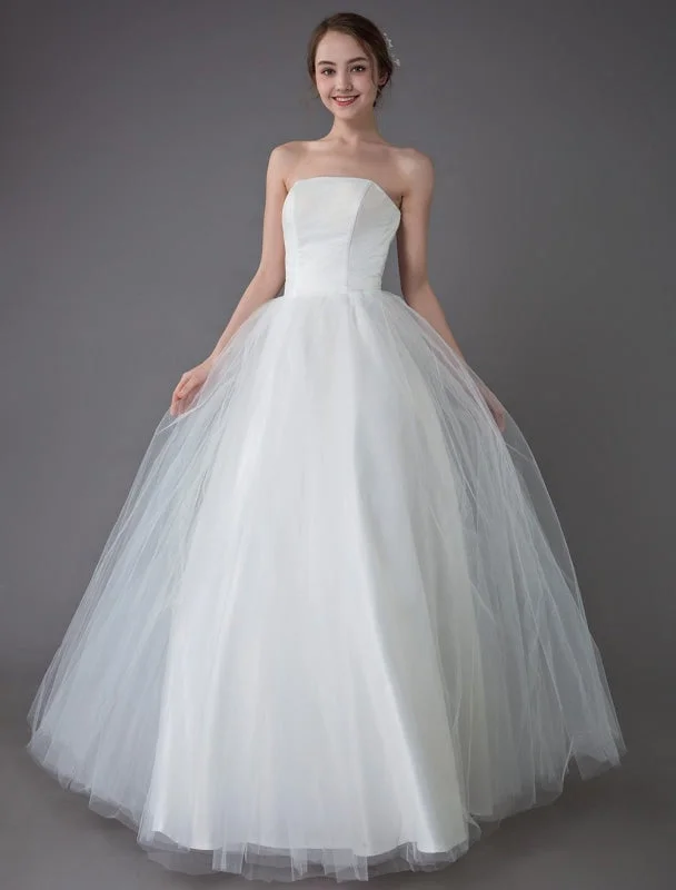 Tulle Wedding Dress Ivory Strapless Sleeveless Princess Dress Ball Gown Floor Length Bridal Dress Exclusive Country