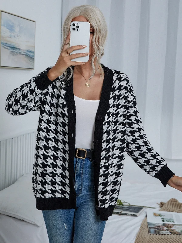 Casual Houndstooth Button Front Long Sleeve V Neck Short Women Cardigan Casual Women's Japanese 