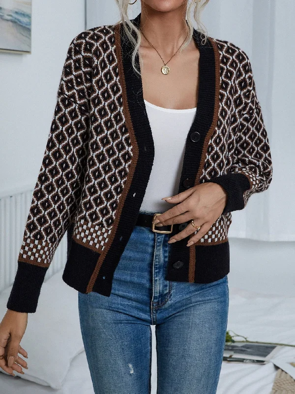 Casual Geometric Button Front Long Sleeve V Neck Regular Women Cardigan Sophisticated Women's 