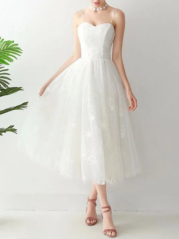 Short Wedding Dress2021 A Line Sweetheart Neck Sleeveless Tea Length Natural Waist Tulle Bridal Dresses Hip Women's Urban