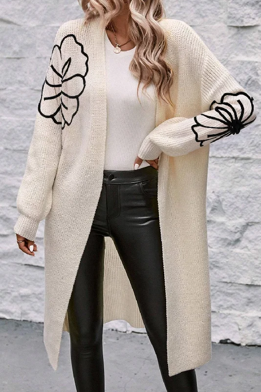 Flower Embroidered Drop Shoulder Open Front Duster Cardigan Sleek Women's 
