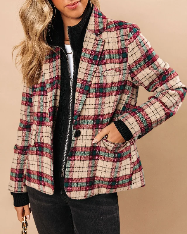 Good Tidings Pocketed Plaid Blazer Youthful Women's Anime - inspired