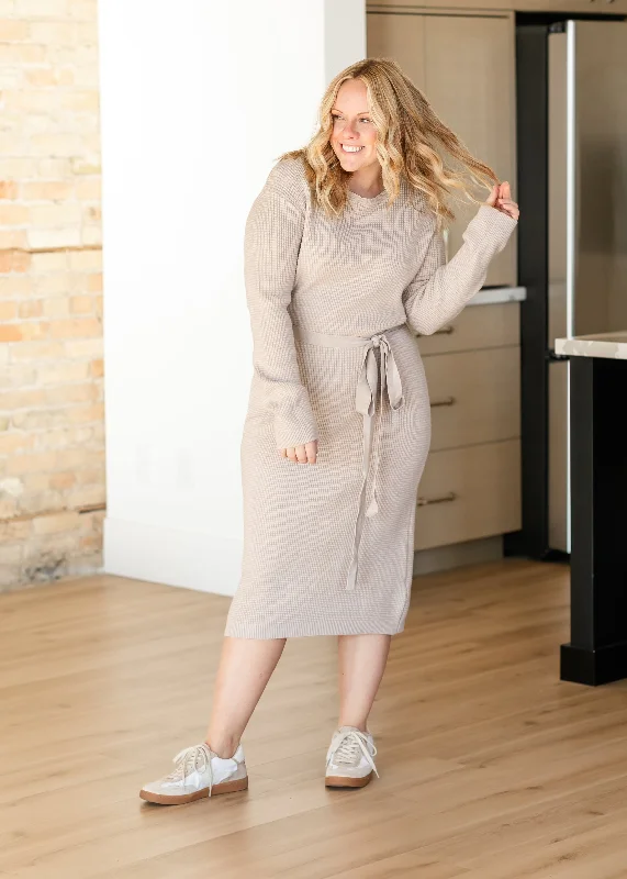 Crewneck Long Sleeve Waffle Knit Dress Preppy Women's College