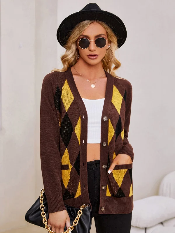 Casual Geometric Button Front Long Sleeve V Neck Short Women Cardigan Casual Women's Loose - fitting