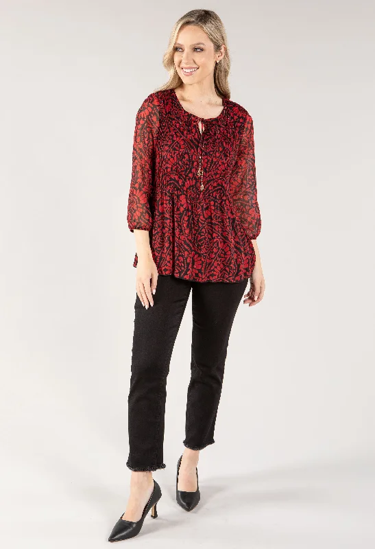 Plisse Pleated Leaf Print Top Dapper Women's Bow - adorned