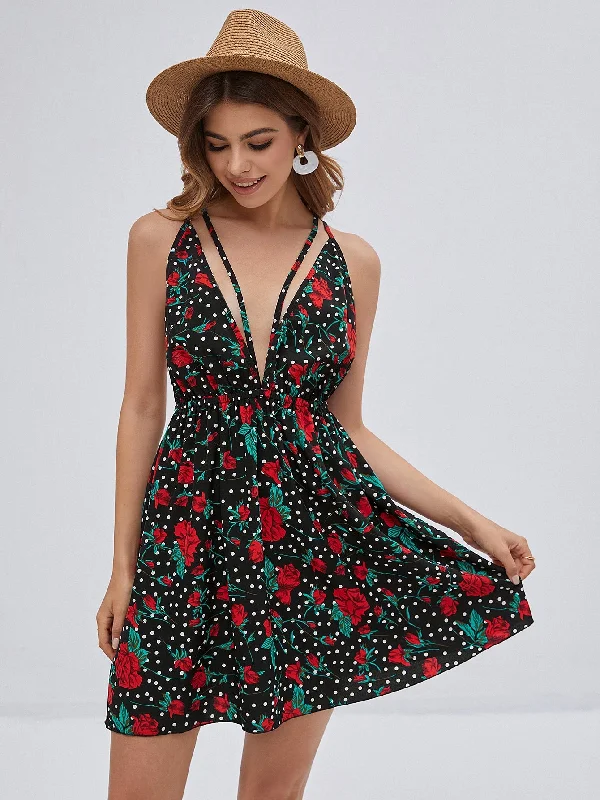 Polka Dot Criss Cross Sleeveless Spaghetti Strap Flared High Waist Short Dress Dynamic Women's High - energy