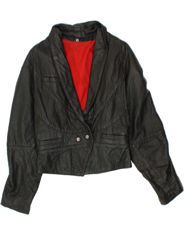VINTAGE Womens Loose Fit Leather Jacket IT 36 XS Black Leather Country