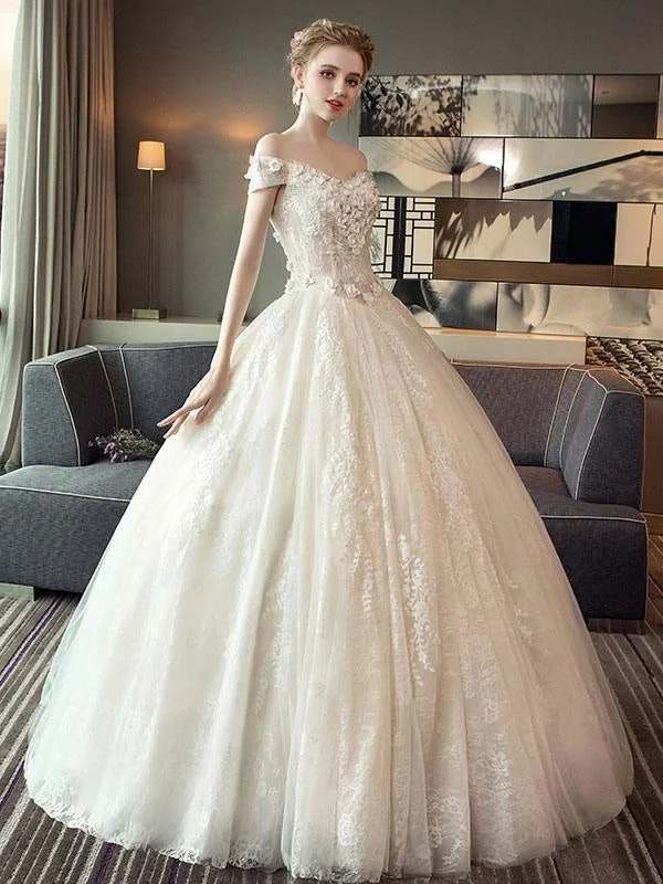 Lace Wedding Dresses Princess Ball Gown Bridal Dress Off The Shoulder Ivory Flowers Applique Floor Length Wedding Gown Traditional Women's 