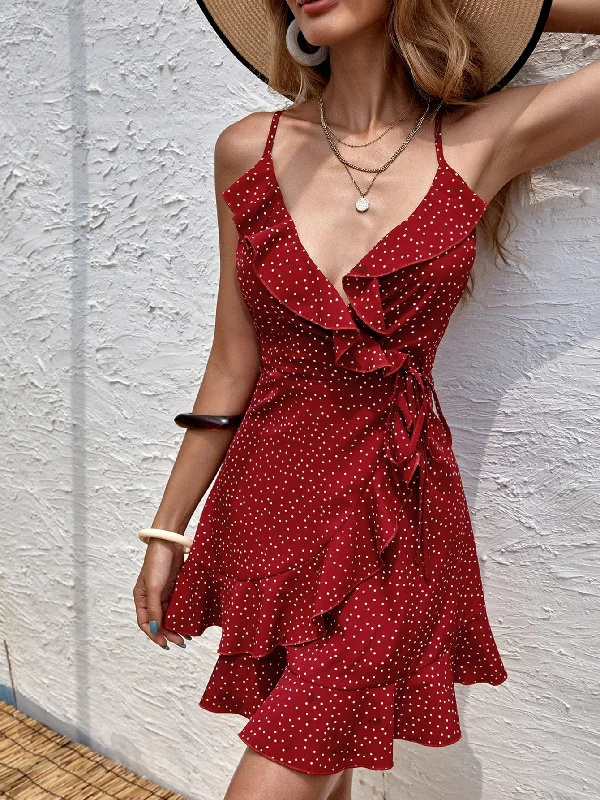 Polka Dot Knot Sleeveless Spaghetti Strap Wrap High Waist Short Womens Dress British Gentlewoman Style