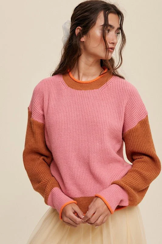 Color Block Ribbed Knit Sweater Cool Women's Skate