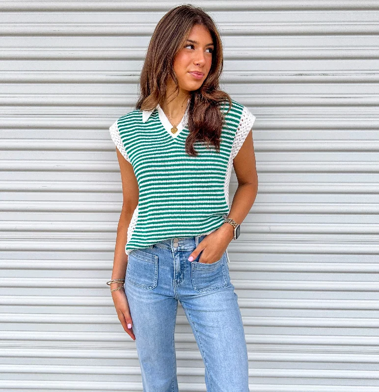 JUST MY LUCK GREEN STRIPED SWEATER TOP Sustainable Organic